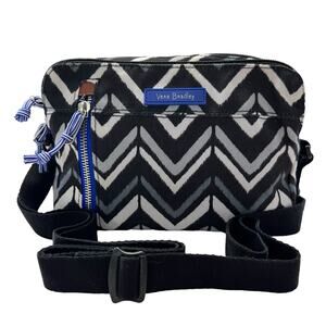 Vera Bradley Lotus Chevron Pattern Cross Body Canvas Purse Black White Gray Blue